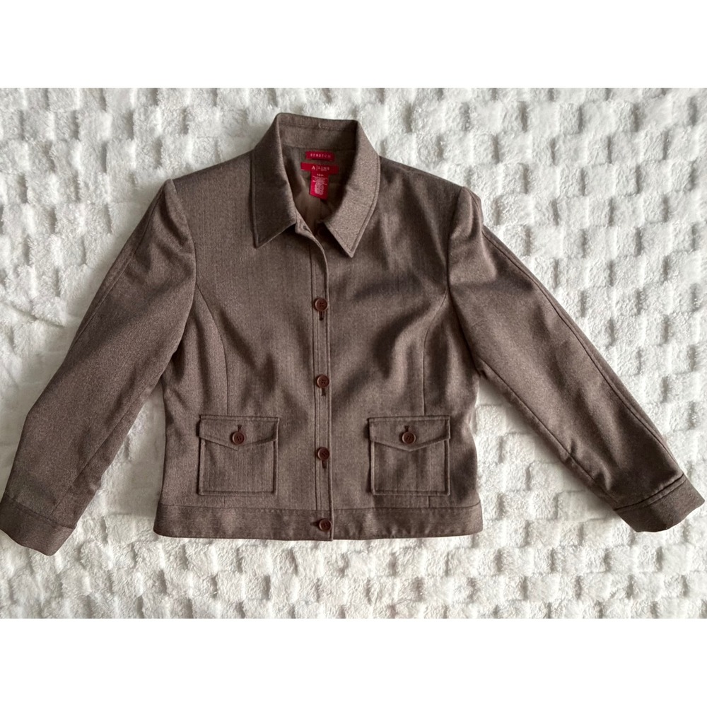 A Line Petite Brown Herringbone Blazer Stretch Button Front Size Sz 12P  EUCEUC